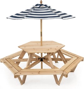 Mesa de Piquenique Infantil Hexagonal com Guarda-Sol, 162 x 141 x 53 cm, 6 Bancos Integrados, Natural