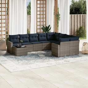 vidaXL 10 pcs conjunto sofás p/ jardim c/ almofadões vime PE cinzento