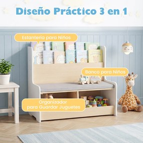 Banco com arrumação infantil 3 em 1, almofada acolchoada, capa removível, estante e compartimentos abertos para crianças a partir dos 3 anos, branco