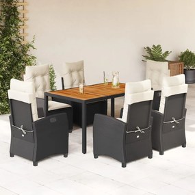 7 pcs conjunto de jantar p/ jardim c/ almofadões vime PE preto
