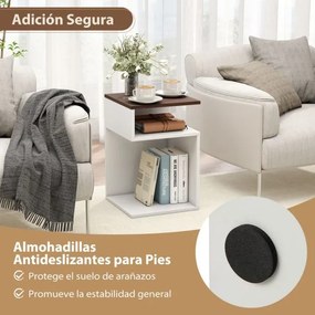 Conjunto 2 mesas de cabeceira 33 x 33 x 50 cm em forma de S com 2 compartimentos abertos, branca e cor nogueira