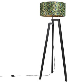 Candeeiro de pé tripé preto com abajur design pavão 50 cm - Puros Clássico / Antigo