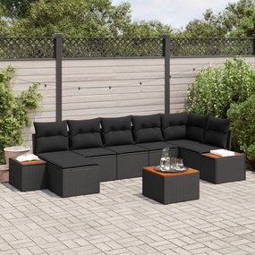 vidaXL Conjunto de Sofá de Jardim com 8 Peças e Almofadas Preto Polyrattan Acácia