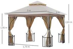 Pergula de jardim 3x3m com 4 cortinas laterais com zíper e telhado duplo com 8 furos de drenagem bege
