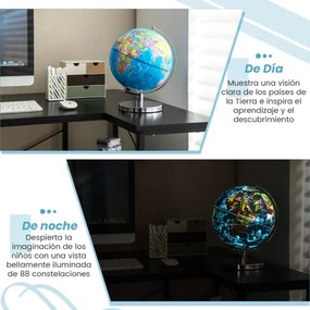 Globo terrestre 3 em 1 iluminado de 23 cm com 88 constelações, suporte metálico e mapa inglês para casa, escola e escritório Azul
