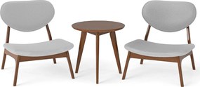 Conjunto de 2 cadeiras baixas decorativas com mesa auxiliar estofadas em veludo de carneiro com estrutura em madeira maciça cinza