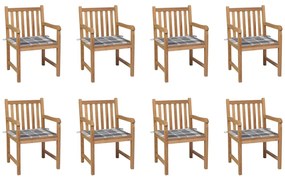 vidaXL Cadeiras de jardim almofadões xadrez cinzento 8 pcs teca maciça