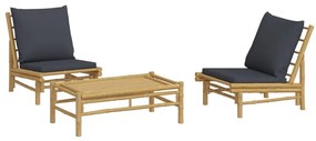 3pcs conj. lounge de jardim bambu c/ almofadões cinzento-escuro