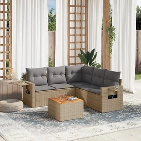 6 pcs conj. sofás jardim c/ almofadões vime PE bege misturado