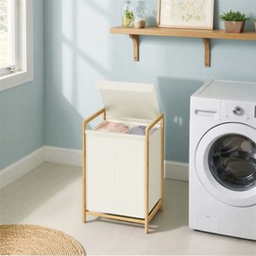 Cesto de roupa suja com tampa 45 x 40 x 78 cm, 2 compartimentos; cesto de roupa suja com estrutura de bambu, saco de roupa suja removível Creme