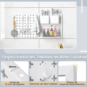 Quadro de parede com 2 painéis de fixação, ímanes para prateleiras de arrumação e ganchos para cozinha ou escritório em branco