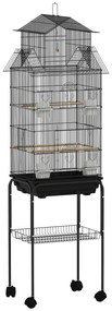 PawHut Gaiola de Metal para Pássaros com Bandeja Amovível Rodas 4 Comedouros 3 Poleiros e 1 Baloiço 50,5x41x163 cm Preto | Aosom Portugal