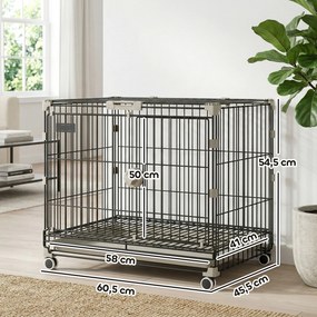 Gaiola dobrável para cães, tabuleiro removível, rodas com travões, teto abrível com fecho de segurança, 60,5 x 45,5 x 54,5 cm, preta