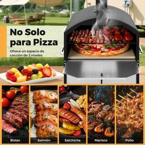 Forno de Pizza Exterior de 2 Camadas Fogão Portátil com Pedra, Pá e Grelhas para Churrasco e Tampa para Acampamento 61 x 53 x 83 cm Preto