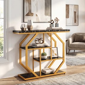 Mesa Consola Moderna 4 Níveis 100 x 29,5 x 80 cm Estrutura Metálica com Prateleiras e Superfície imitação Mármore Preto e Dourado