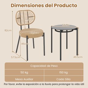 Conjunto jardim PE e Rattan 3 Peças com Mesa de Café em Vidro Temperado e 2 cadeiras para Varanda, Terraço e Pátio Caqui
