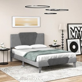 Estrutura de cama em veludo com cabeceira em ripas de madeira maciça para apoio do colchão (Não incluido) Fácil montagem. 208 x 145 x 105 cm. Cinza