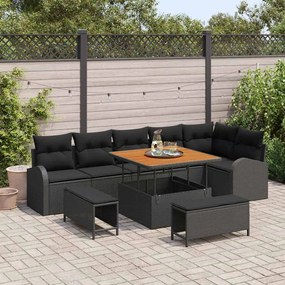 Conjunto de Sofá de Jardim de 9 Peças com Almofadas Preto Rattan Acácia