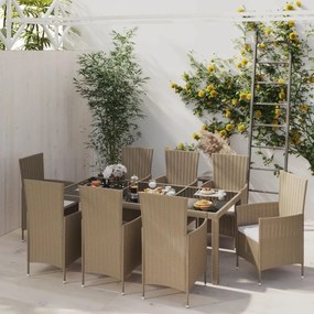 vidaXL 9 pcs conjunto de jantar p/ exterior c/ almofadões vime PE bege
