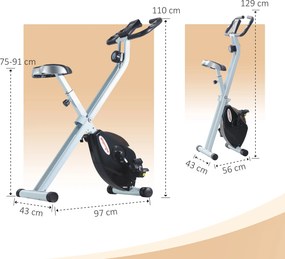Bicicleta Estática Dobrável Silenciosa com 8 Níveis de Resistência, Monitor LCD, Assento Ajustável e Rodas, Branca