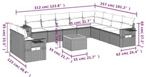 11 pcs conjunto sofás de jardim c/ almofadões vime PE cinzento