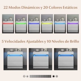 Mesa de cabeceira com luzes LED, 2 gavetas de arrumação, acabamento brilhante e textura de mármore branca