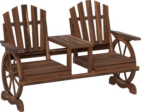 Outsunny Banco de jardim 2 lugares em madeira, resistente às intempéries, com orifício para guarda-sol, pernas em forma de roda de carroça 154 x 65 x 102 cm Carbonizado | Aosom Portugal