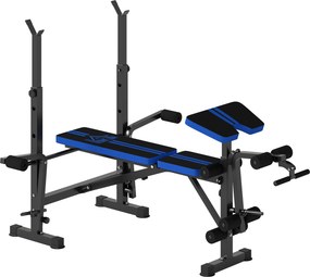 HOMCOM Banco de Musculação com Encosto Ajustável e Suporte para Barras Regulável para Treino em Casa Ginásio 175x139x127 cm Preto e Azul | Aosom Portugal
