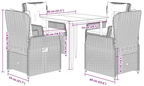 5 pcs conjunto de jantar p/ jardim c/ almofadões vime PE cinza