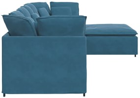 Sofá modular com pufes e almofadas veludo azul