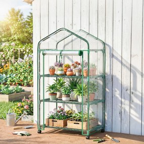 Mini estufa de jardim com 3 prateleiras 69 x 49 x 130 cm, lona de PVC de alta densidade, porta enrolável e 4 Rodas, transparente