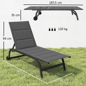 Espreguiçadeira em alumínio, encosto ajustável em 6 posições com rodas, estofamento integrado, 62 x 165 x 94 cm, cinzento escuro