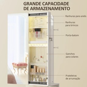 Espelho com Arrumação para Joias Luzes LED Armário para Joias com Rotação de 360° e Fecho com Chave 37x40x165,5 cm Branco
