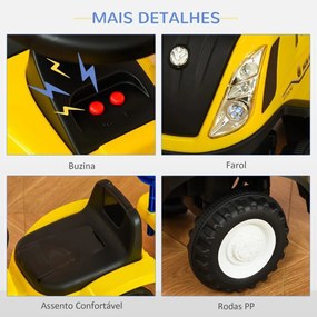 Trator andarilho para Crianças de 12-36 Meses com Reboque Removível Carro Andador com Buzina Farol Pá e Ancinho Carga 25kg 91x29x44cm Amarelo