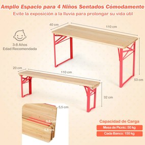 Conjunto de mesa e 2 bancos dobráveis para crianças, com tampo em madeira de abeto e estrutura metálica, para piqueniques de 4 pessoas, idades entre o