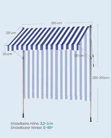 Toldo varanda 250 x 120 cm com manivela para proteção solar flexível, azul e branco