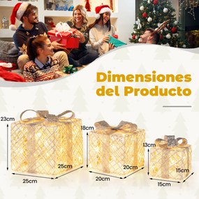 Caixas de Presentes LED Natal Conjunto de 3 Peças com Laços para Interior e Exterior Resistentes às Intempéries