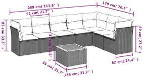 8 pcs conjunto sofás de jardim c/ almofadões vime PE cinzento