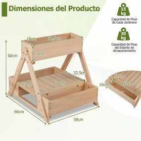 Floreira vertical em madeira de abeto 66 x 58 x 60 cm com 3 vasos e estante de arrumação aberta, com orifícios de drenagem, para jardim ou pátio, natu