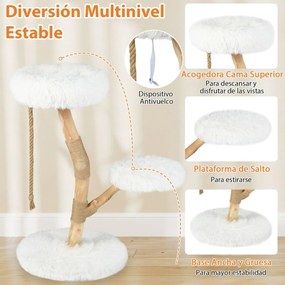 Árvore para gatos 50 x 90 cm com Centro de atividades para gatos em madeira maciça com postes para arranhar em juta natural Natural e branco
