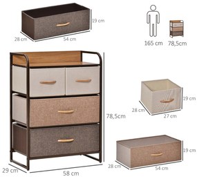 Cómoda de Tecido com 4 Cestos Removíveis e Dobráveis Base Elevada Móvel de Armazenamento 58x29x78,5 cm  Multicor