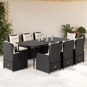 9 pcs conjunto de jantar p/ jardim c/ almofadões vime PE preto