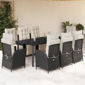 9 pcs conjunto de jantar p/ jardim c/ almofadões vime PE preto
