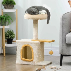 Árvore para gatos de 72 cm, poleiro macio, plataforma em forma de peixe, compartimentos abertos, postes de sisal, bola, bege