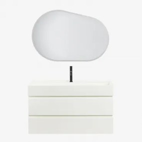 Conjunto De Móvel De Casa De Banho Suspenso Em Madeira E Folha De Freixo Com Lavatório Integrado Ona Branco & Oval Led E Anti-embaciamento - Sklum