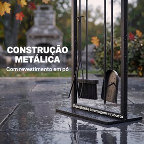 Conjunto de Utensílios para Lareira de 5 Peças em Metal com Escova Pá Atiçador Pinça e Suporte Preto