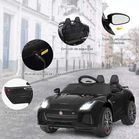 Carro a bateria 12V jaguar para crianças, veículo elétrico com bateria, brinquedo com controle remoto musica, preto