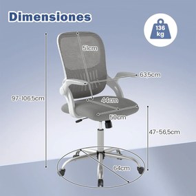 Cadeira de escritório ergonómica com encosto em malha e apoios de braços rebatíveis, ajustável em altura e rodas cinzenta