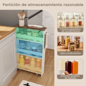 Carrinho de arrumação estreito para cozinha com 4 Estantes Rodas 48 x 13 x 81 cm Branco e Castanho Claro