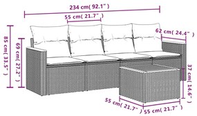 5 pcs conj. sofás jardim c/ almofadões vime PE bege misturado